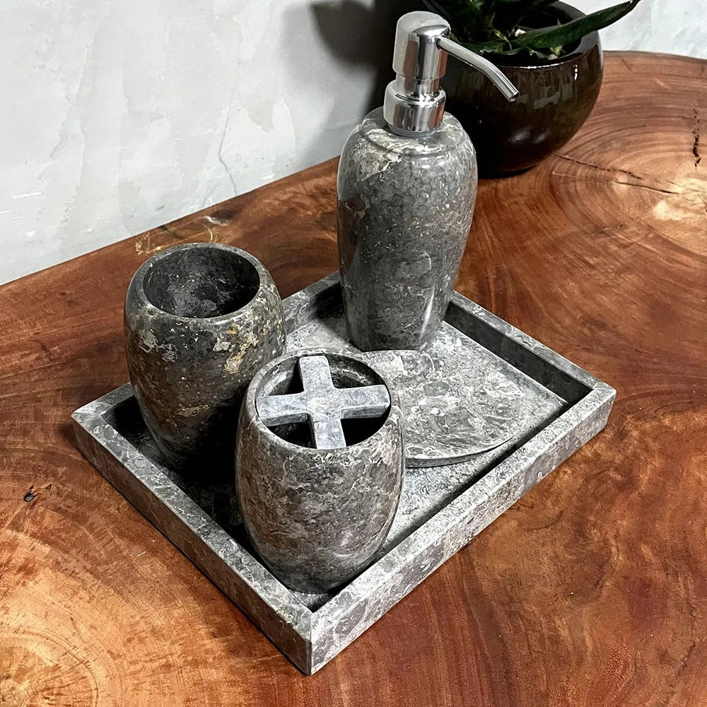 Conjunto de Banheiro em Mármore Natural Cinza - 5 peças