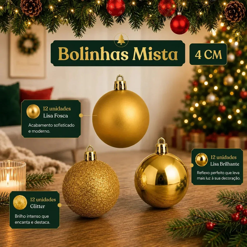 Kit 100 Bolas de Natal Douradas 3, 4 e 6 cm + Ponteira Estrela + Maleta Organizadora