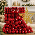 Kit 100 Bolas de Natal Vermelhas 3, 4 e 6 cm + Ponteira Estrela + Maleta Organizadora