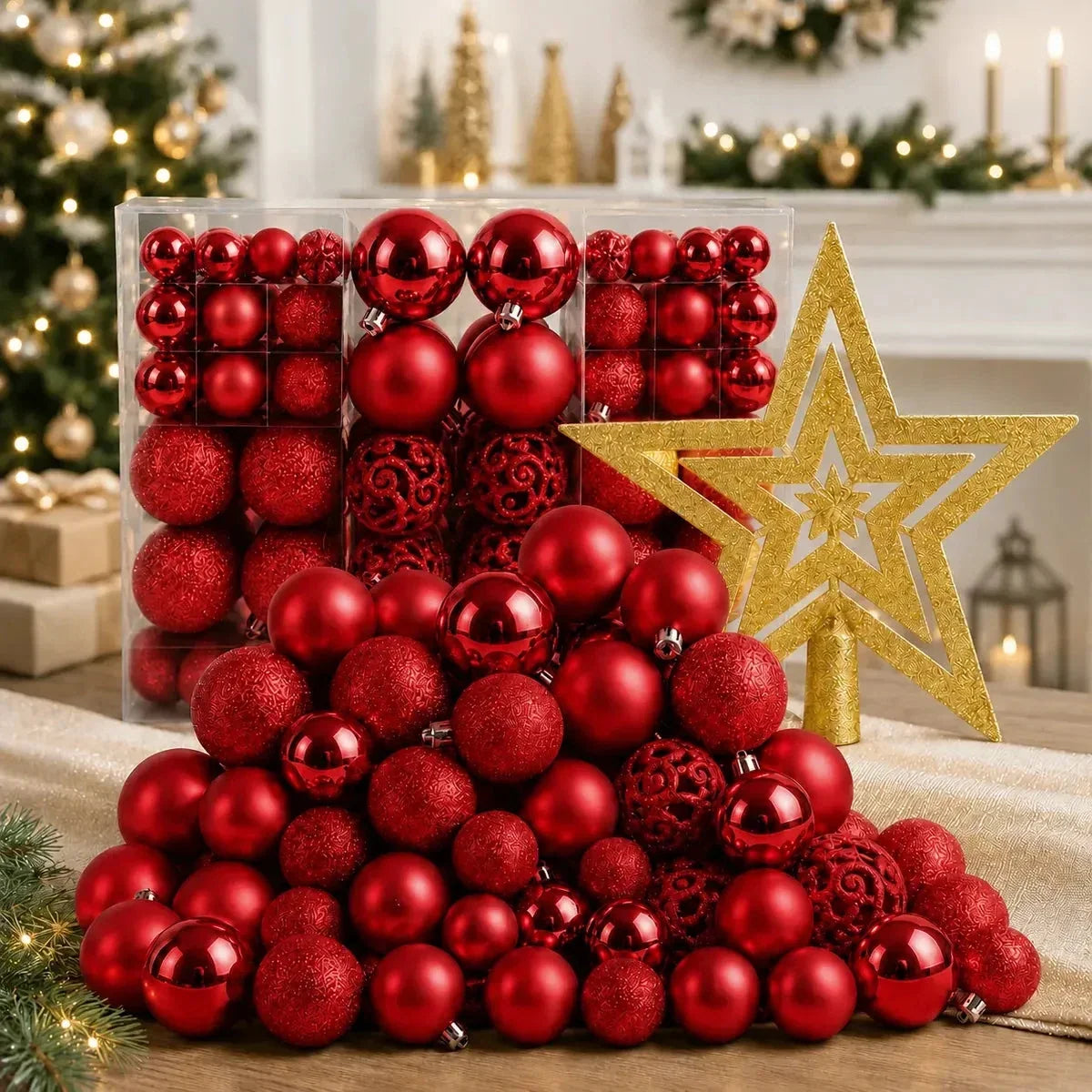 Kit 100 Bolas de Natal Vermelhas 3, 4 e 6 cm + Ponteira Estrela + Maleta Organizadora