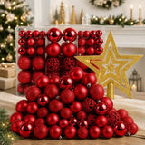 Kit 100 Bolas de Natal Vermelhas 3, 4 e 6 cm + Ponteira Estrela + Maleta Organizadora