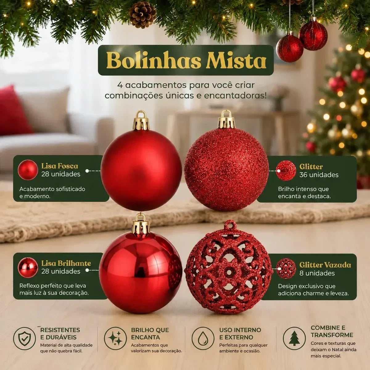 Kit 100 Bolas de Natal Vermelhas 3, 4 e 6 cm + Ponteira Estrela + Maleta Organizadora