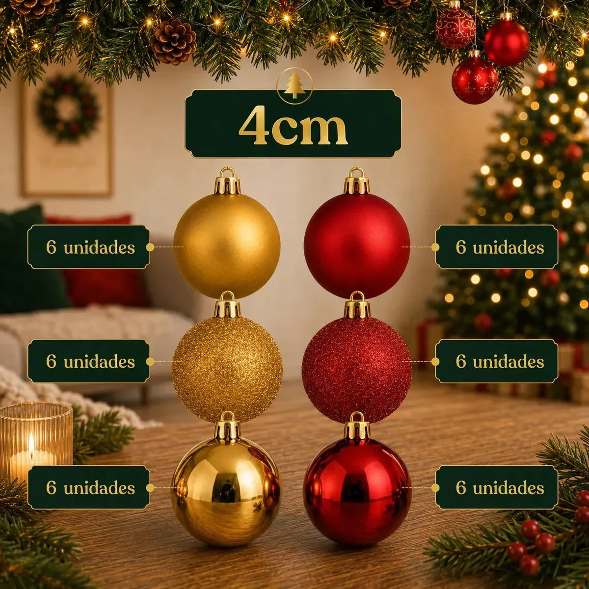 Kit 100 Bolas de Natal Vermelho e Dourado 3, 4 e 6 cm + Ponteira Estrela Dourada