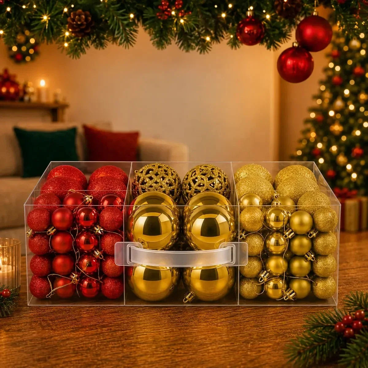 Kit 100 Bolas de Natal Vermelho e Dourado 3, 4 e 6 cm + Ponteira Estrela Dourada