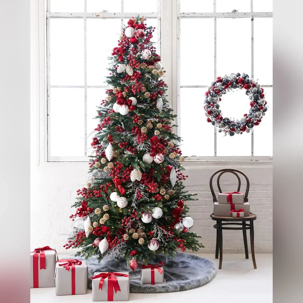 Kit 25 Enfeites para Árvore de Natal Vermelho, Branco e Prata – Coleção Inverno Clássico