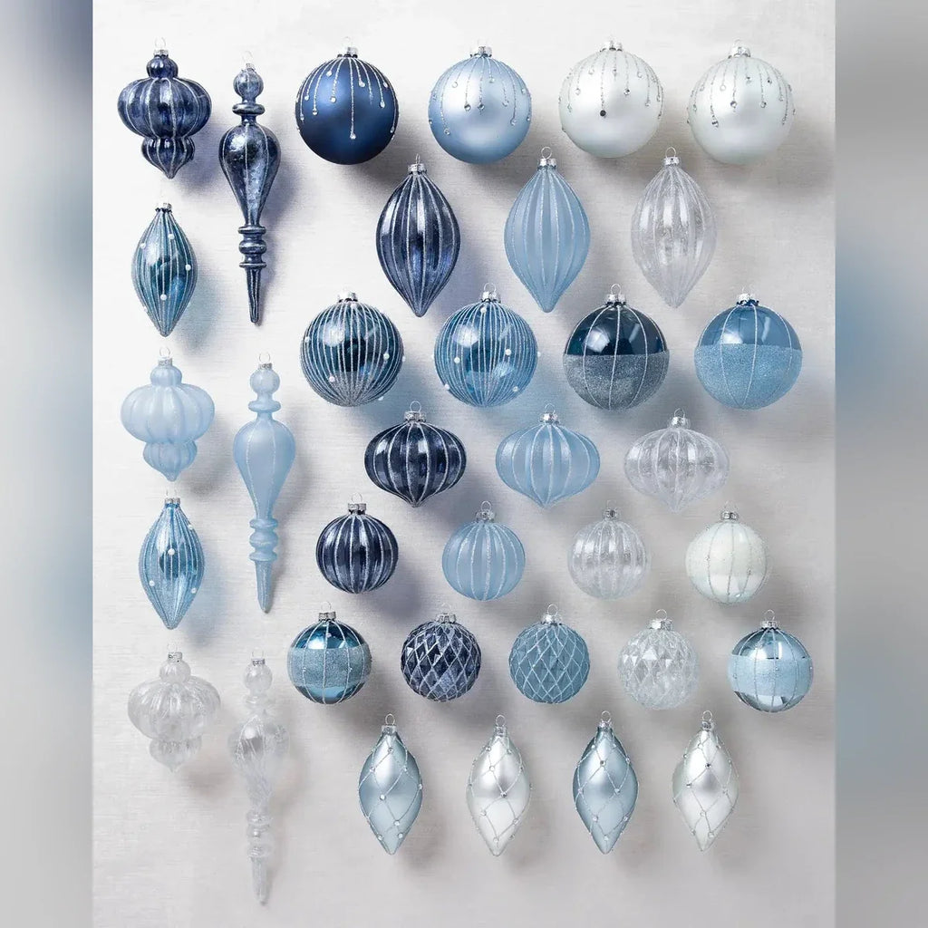 Kit 32 Enfeites para Árvore de Natal Azul, Branco e Prata – Coleção Inverno Elegante