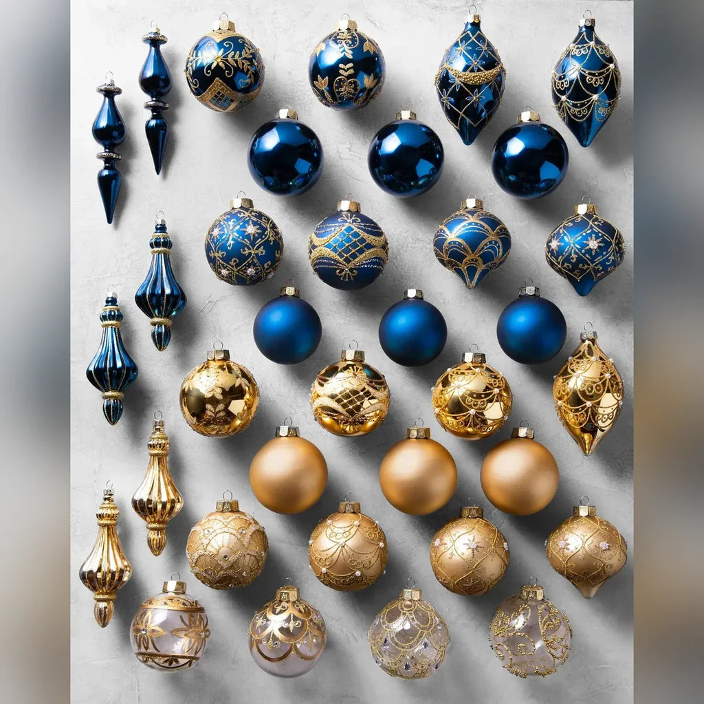Kit 32 Enfeites para Árvore de Natal Azul e Dourado com Bolas e Pendentes