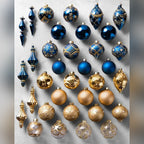 Kit 32 Enfeites para Árvore de Natal Azul e Dourado com Bolas e Pendentes