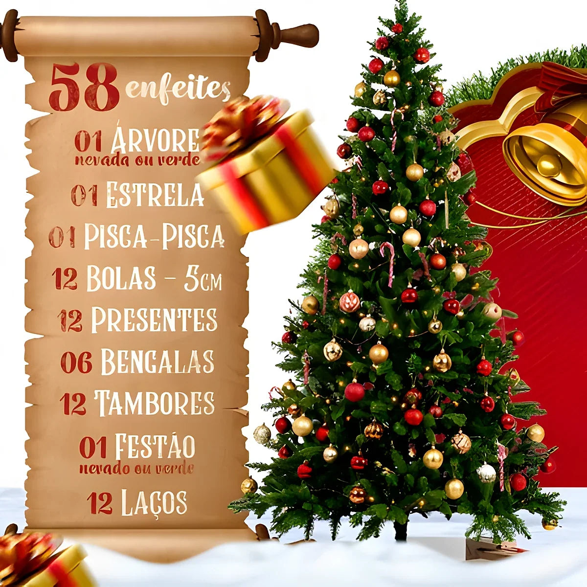 Kit Árvore de Natal Completa Decorada com Enfeites e Pisca LED – 1,20 m, 1,50 m ou 1,80 m