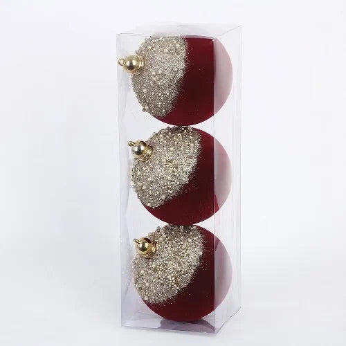 Kit 3 Bolas de Natal Veludo Bordô 10cm com Topo Dourado