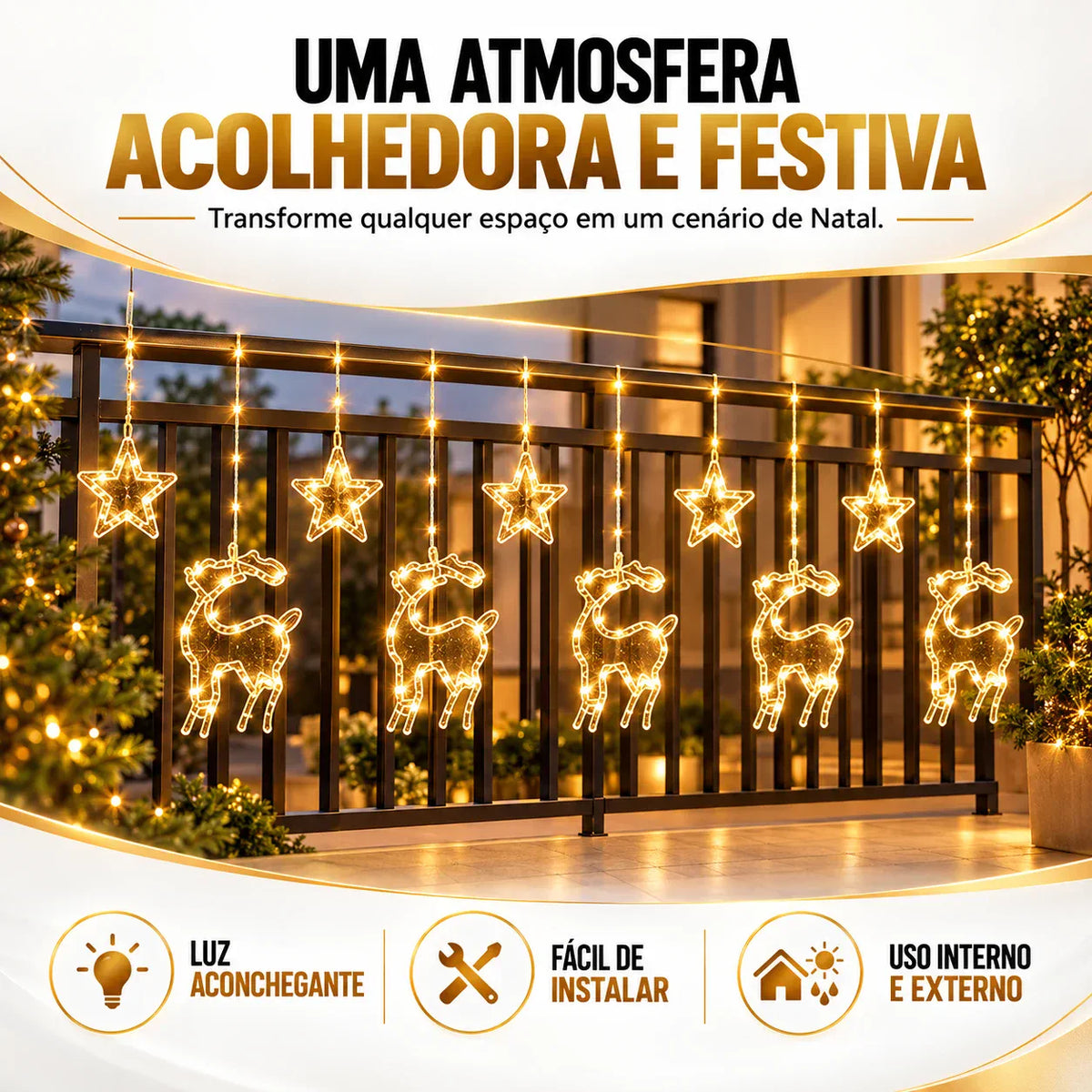Cortina de Luz Estrela e Rena LED 3m - Decoração de Natal para Janela