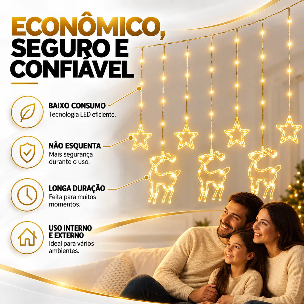 Cortina de Luz Estrela e Rena LED 3m - Decoração de Natal para Janela