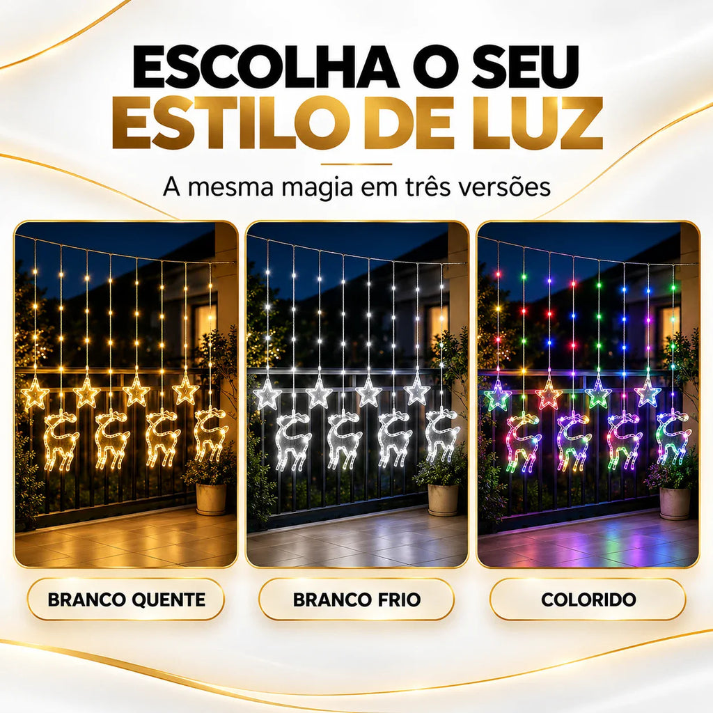 Cortina de Luz Estrela e Rena LED 3m - Decoração de Natal para Janela