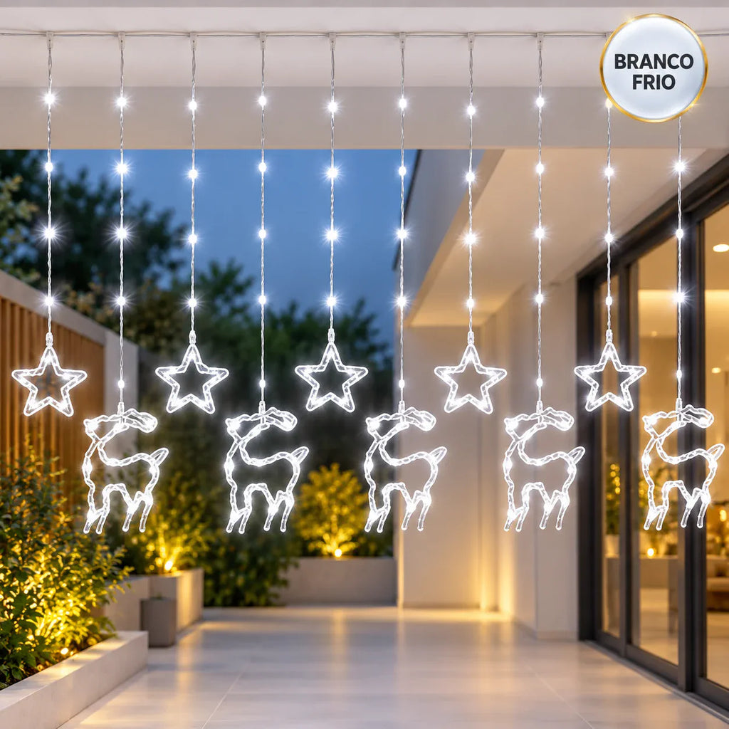 Cortina de Luz Estrela e Rena LED 3m - Decoração de Natal para Janela
