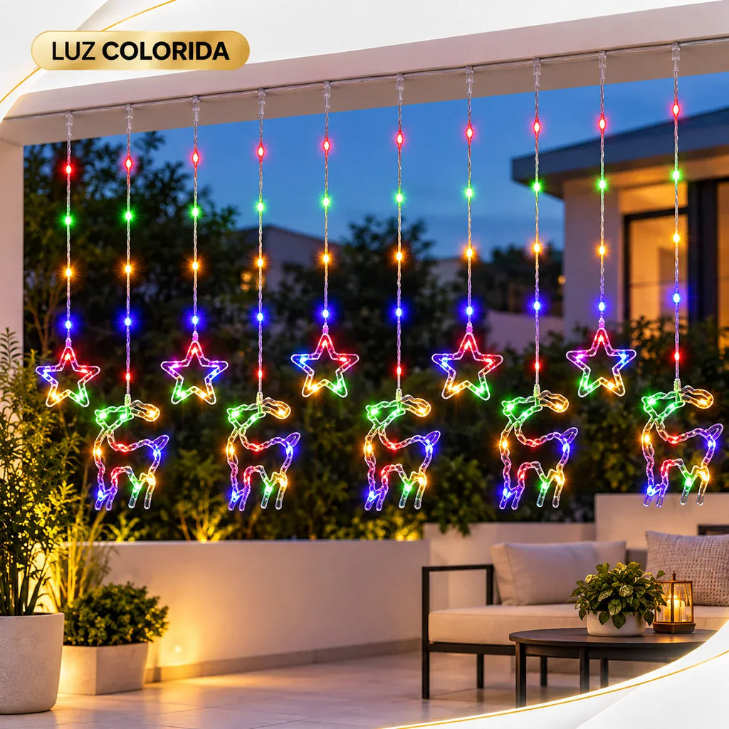 Cortina de Luz Estrela e Rena LED 3m - Decoração de Natal para Janela