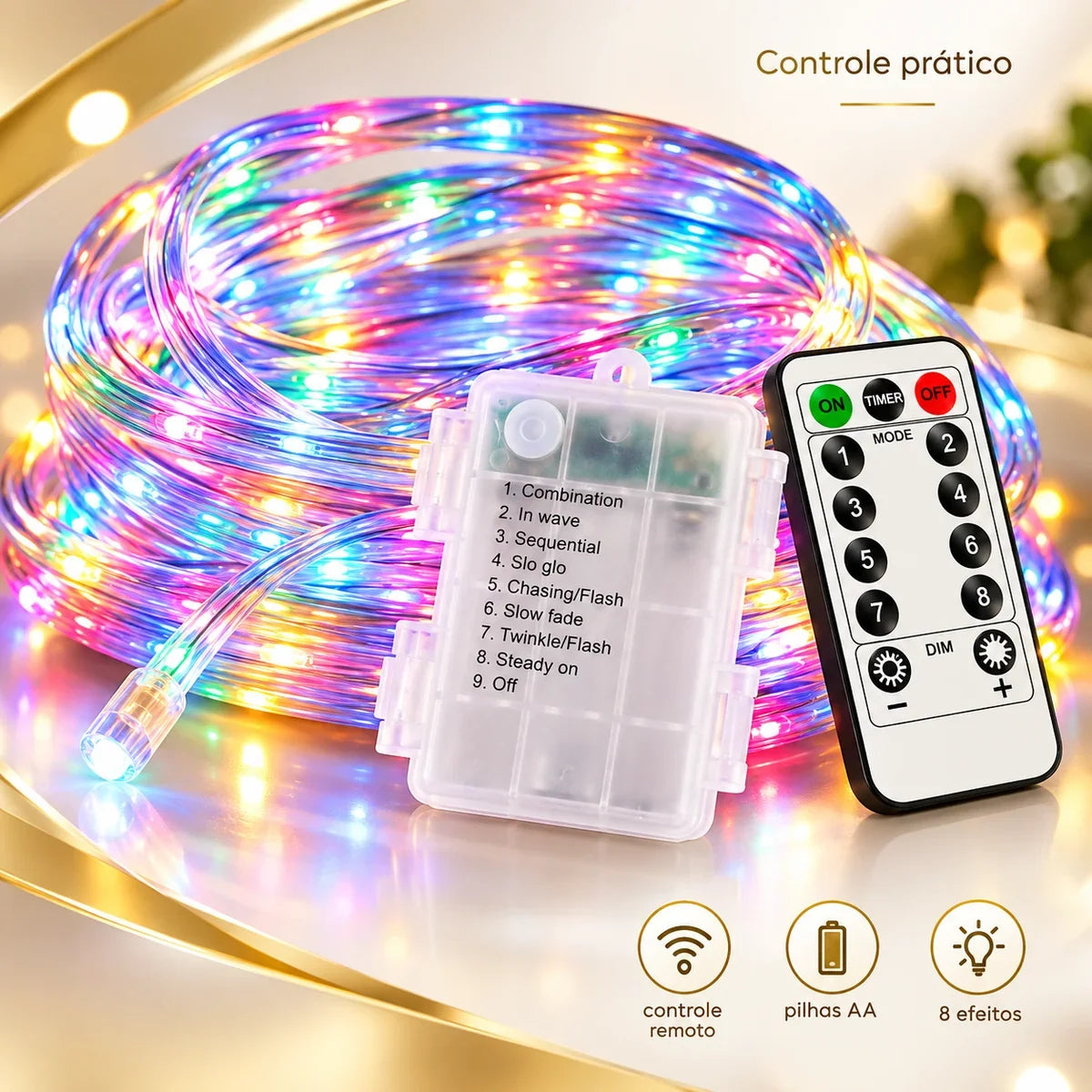 Luzes de Corda LED com Controle Remoto - A Pilha, 8 Modos