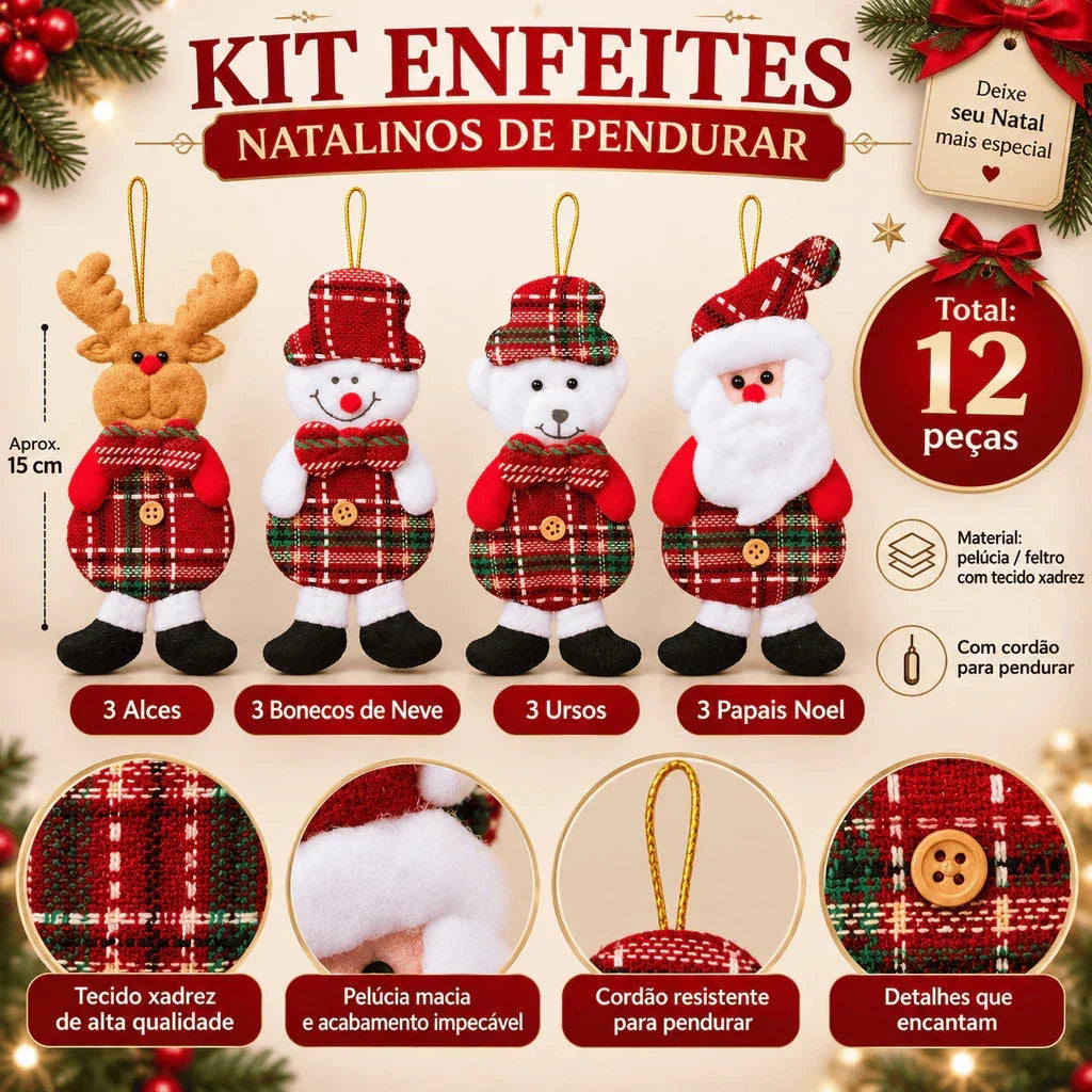 Kit 12 Enfeites Natalinos de Pelúcia - Papai Noel, Boneco de Neve, Urso e Alce