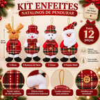Kit 12 Enfeites Natalinos de Pelúcia - Papai Noel, Boneco de Neve, Urso e Alce
