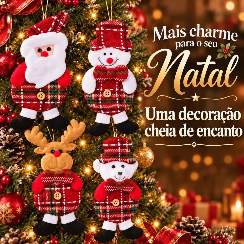 Kit 12 Enfeites Natalinos de Pelúcia - Papai Noel, Boneco de Neve, Urso e Alce