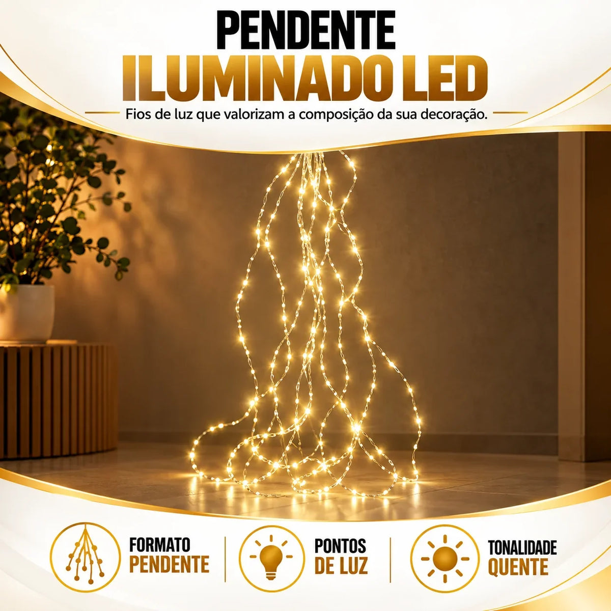 Pendente Iluminado 876 LEDs 8 Hastes 3m - Luz Quente Bivolt