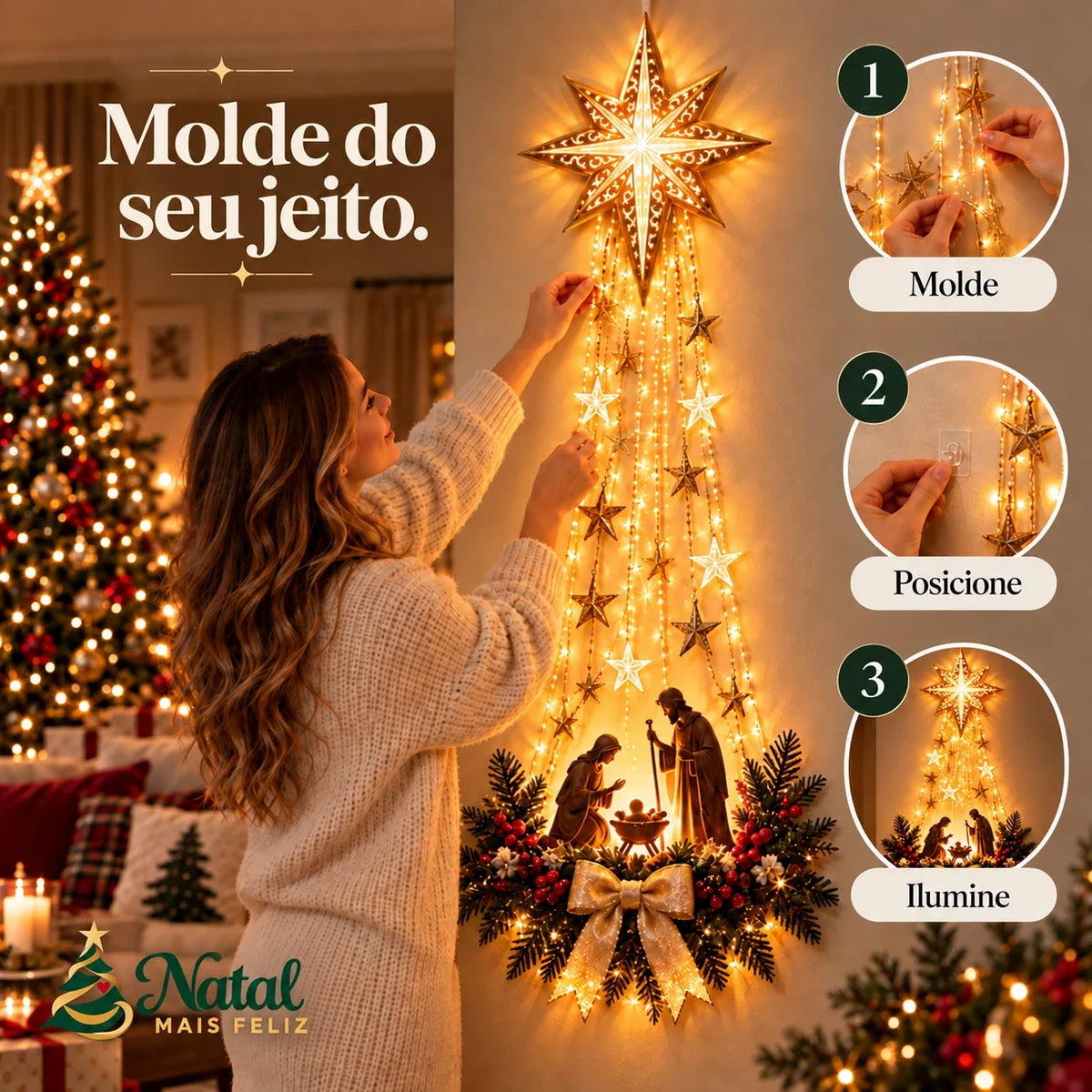 Presépio Sagrada Noite – Decoração de Parede Iluminada com Estrela de Belém