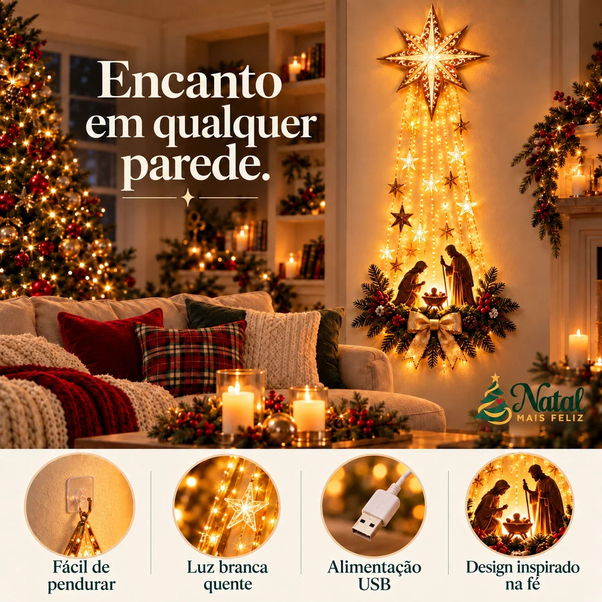 Presépio Sagrada Noite – Decoração de Parede Iluminada com Estrela de Belém
