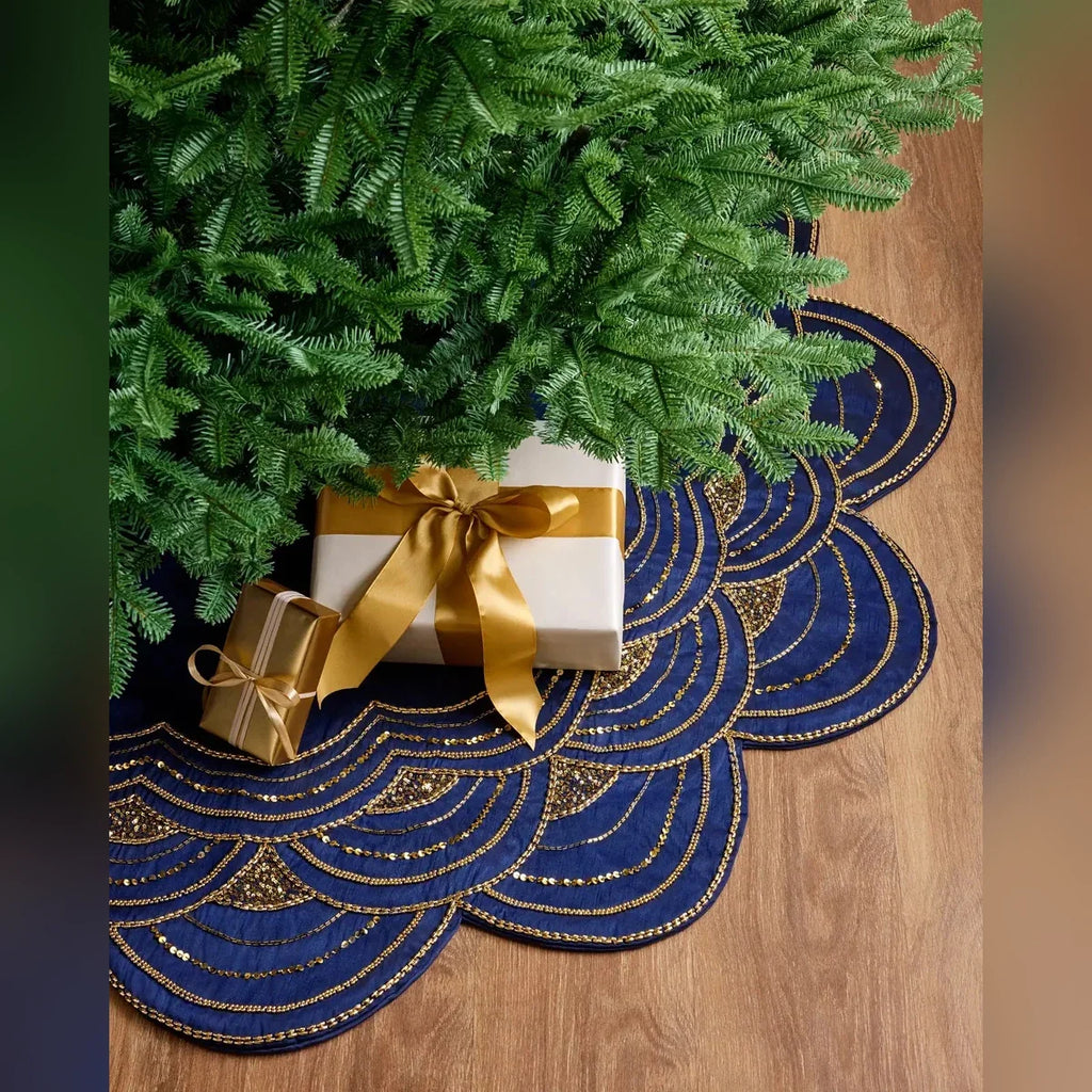 Saia para Árvore de Natal Azul Marinho com Bordados e Paetês Dourados