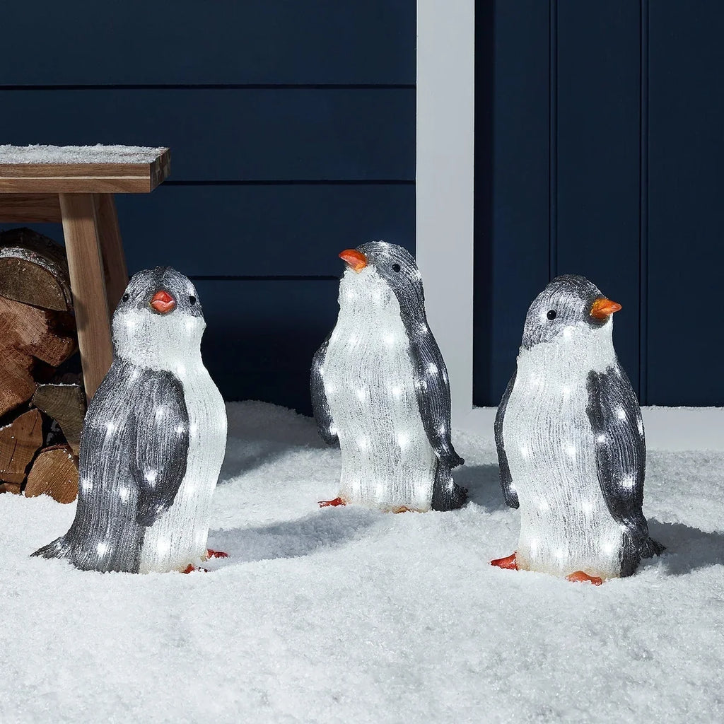 Trio de Pinguins de Acrílico Iluminados 34 cm para Jardim