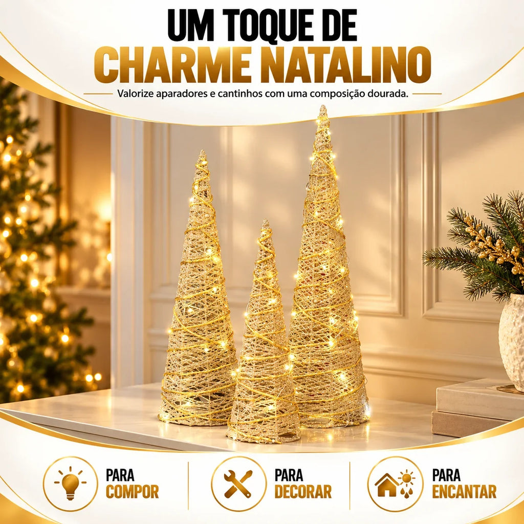 Trio de Árvores Cone Douradas com LED - 40, 50 e 60 cm