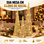 Trio de Árvores Cone Douradas com LED - 40, 50 e 60 cm