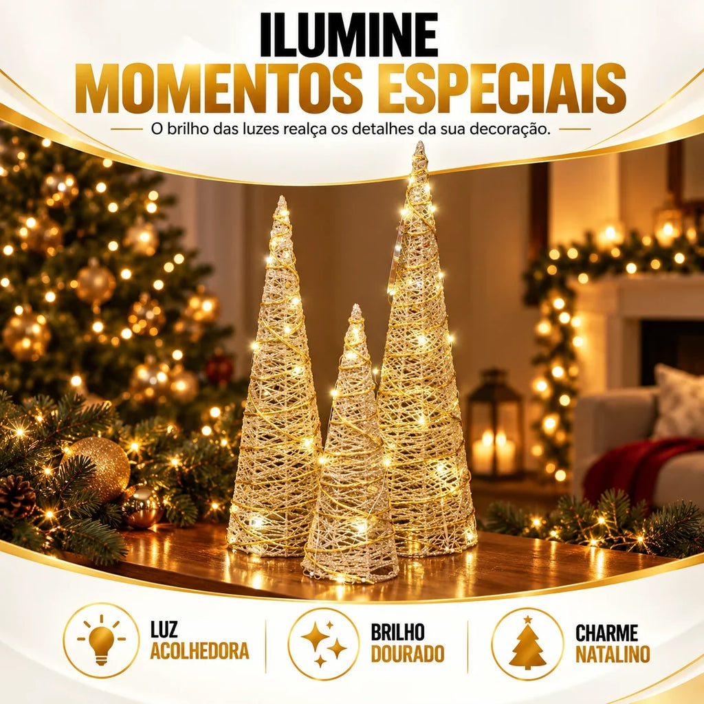 Trio de Árvores Cone Douradas com LED - 40, 50 e 60 cm