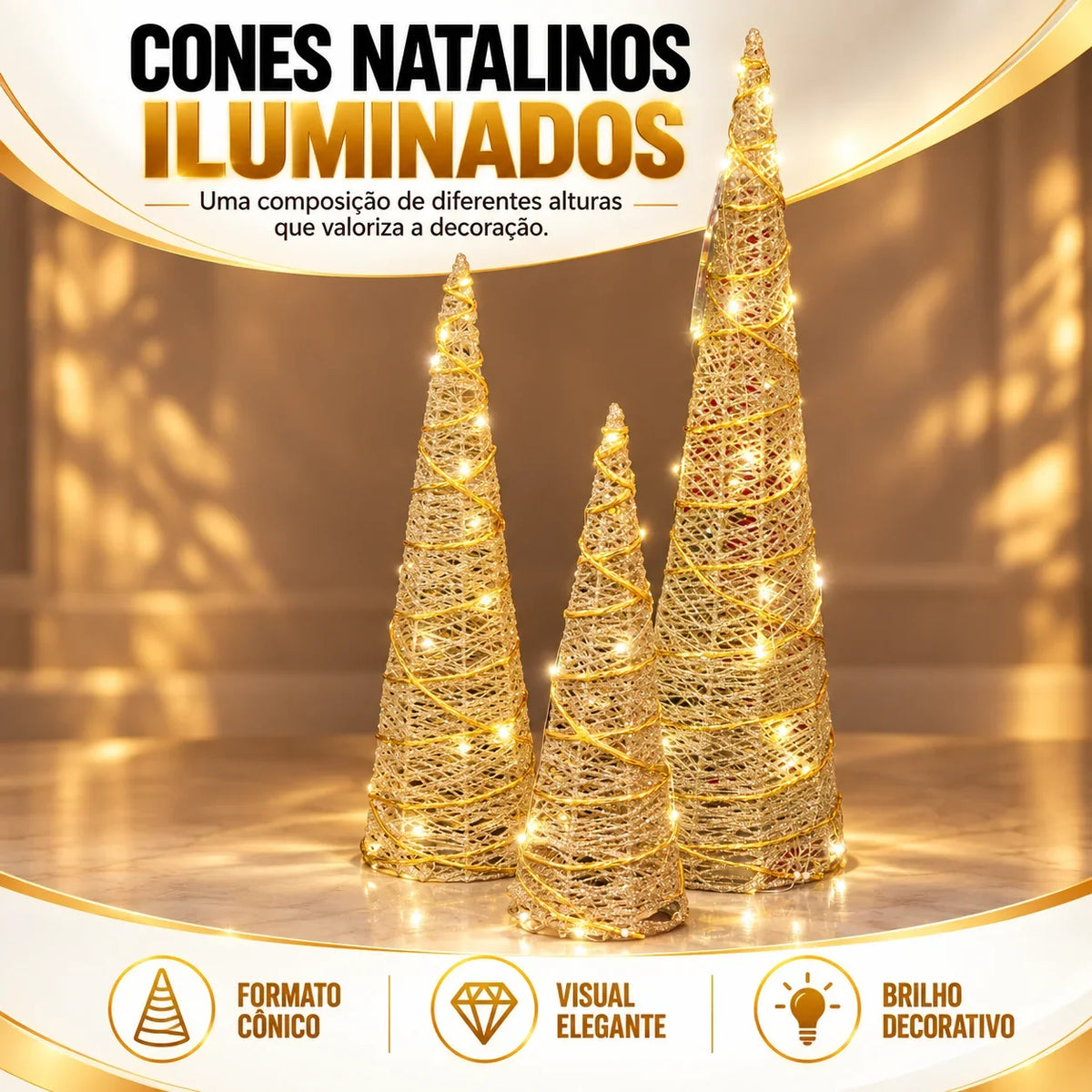Trio de Árvores Cone Douradas com LED - 40, 50 e 60 cm