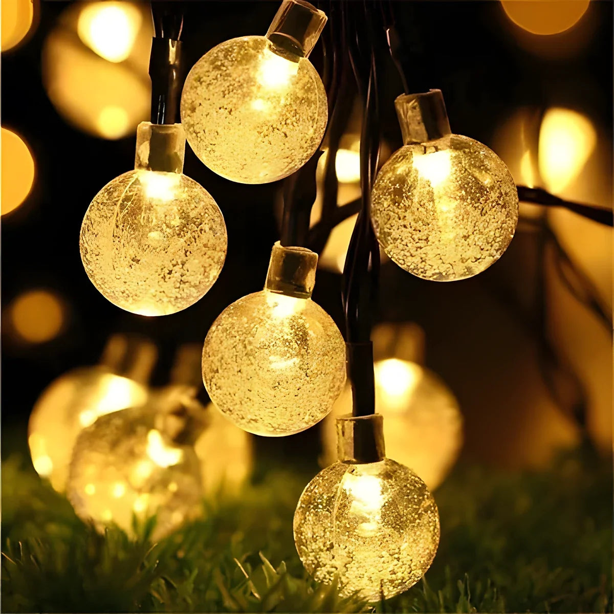 Varal de Luzes Solar com Bolinhas de Cristal – Branco Quente, 5 m a 20 m